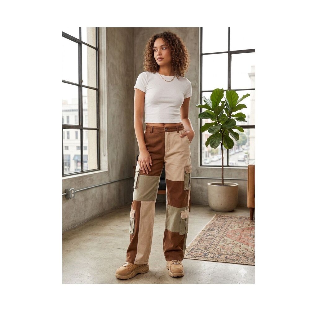 Hot & Delicious Patchwork Cargo Pants Brown Beige Olive Cotton Relaxed Women's M